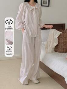 DAZY 2pcs Elegant Tie Bow Collar Striped Women Pajama Set, Autumn - Baby Pink - View 5