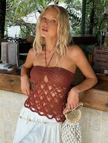 MainGRL SHEIN 女士春夏度假系列活力棕色露背系带镂空装饰针织上衣，春夏女装，沙滩装，女士度假装 - 棕色 - 查看 3