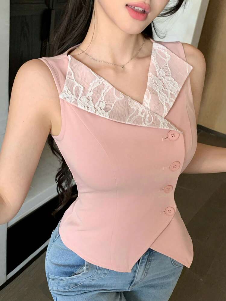Spring & Summer Pink Hollow Lace Trim Contrast Color Splice Dress, Elegant For Valentine's Day, Wedding, Party, Fashion Event, Sleeveless Vest Cardigan Shirt With Oblique Placket Design For Women