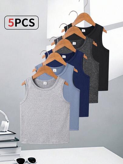 SHEIN 5pcs/Set Young Boys' Minimalist Silhouette All-Match Casual Vest Set, Suitable For Daily Wear, Travel, Outdoor, Holiday Parties, Summer Beach Vacation, Spring/Summer