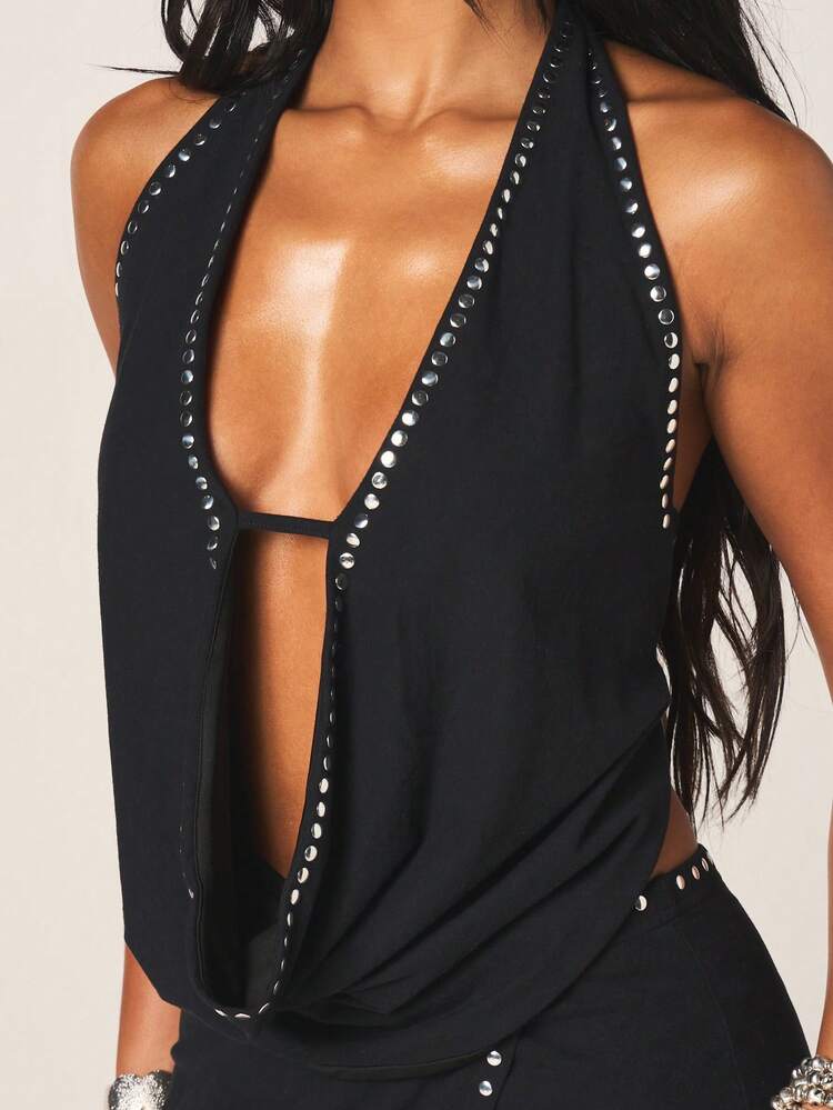 MISSGUIDED Strappy Cowl Neck Halter Top With Stud Detail Cut Out Black Cami Tank