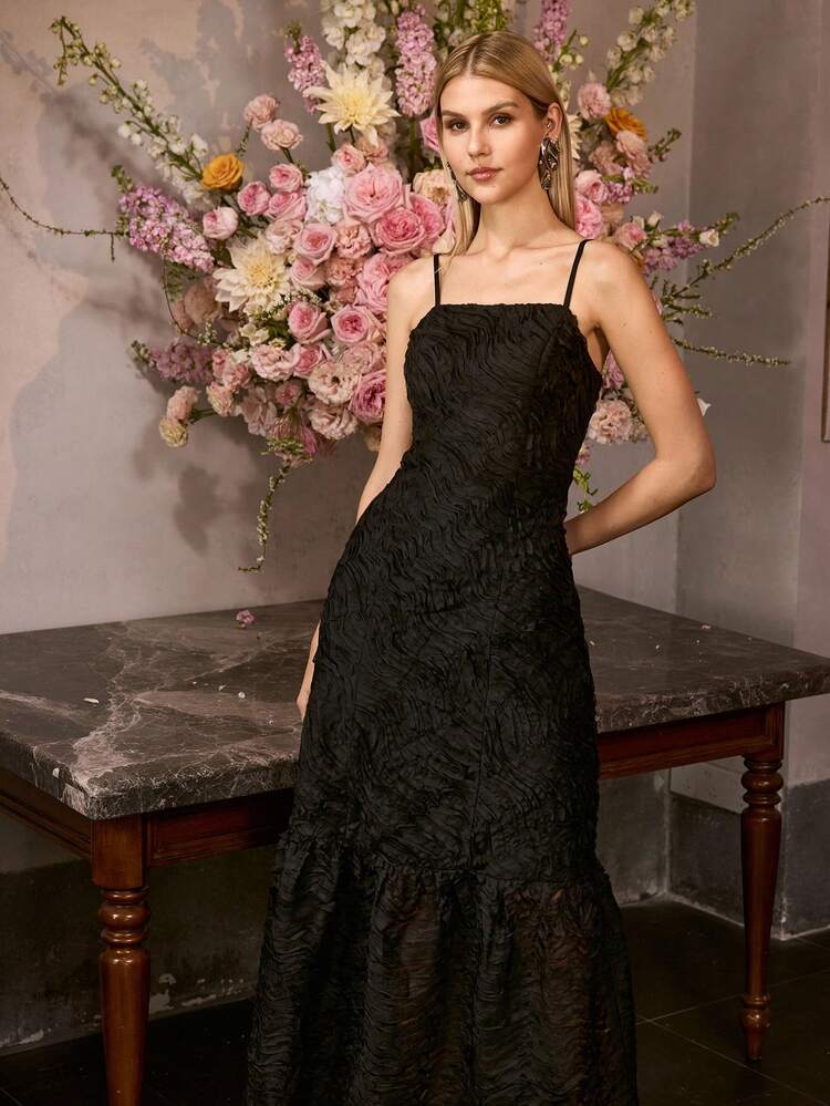 ELEGANT BLACK SPAGHETTI STRAP MAXI DRESS FOR WOMEN | WOVEN JACQUARD FABRIC LAYERED RUFFLE DETAIL, FIT MERMAID DRESS FOR NEW YEAR, VALENTINE'S DAY, FORMAL PARTIES, GALAS & CELEBRATIONS,SPRING DRESSES SUMMER OUTFITS