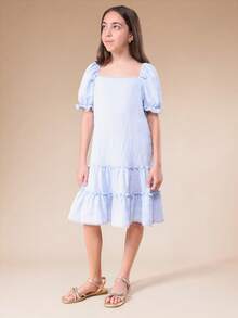 SUMWON Tween Girls Light Blue Smocked Square Neck Puff Sleeve Tiered Midi Dress With Ruffle Details And White Trim - Baby Blue - View 4