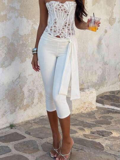 Firerie Women's Elegant Casual Everyday Wear, White Knit Low-Waist Tie-Waist Fitted 7/8 Leggings, Spring/Summer New Casual Homewear, Fashionable & Versatile, Minimalist