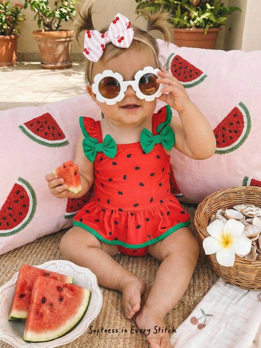 SHEIN Baju Renang Terusan Bayi Perempuan Motif Stroberi Lucu dengan Hiasan Pita, Potongan A-Line Manis dan Elastisitas Tinggi, Cocok untuk Liburan dan Pantai - Merah - View 1