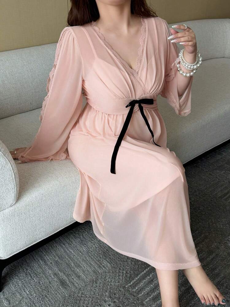 Dazy Plus V-Neck Contrast Lace Elegant Sexy Sleepwear Dress With Bow Decor, Waist Cinched, Long Length, Pink, Plus Size, Spring/Summer