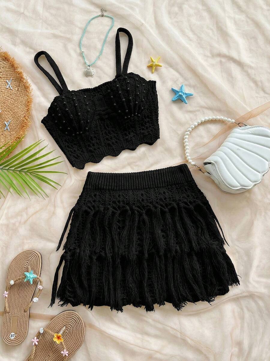 Soleia Women's Knit Camisole Top And Knitted Blend Mini Skirt Casual 2 Pieces Set - Black - View 1