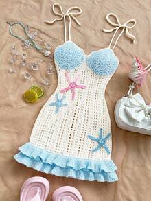 Soleia Đầm slip dệt kim khoét lỗ, phối màu tương phản, họa tiết sao biển, viền bèo nhún đôi, dành cho nữ, thích hợp cho kỳ nghỉ, hẹn hò, tiệc trà chiều, đi biển, du thuyền. - Nhiều màu - Xem 4