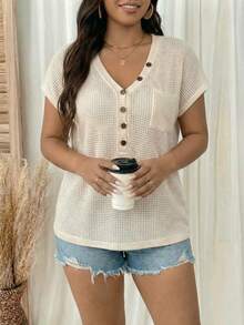 EMERY ROSE Deep V-Neck Button Casual Short Sleeve Top - Apricot - View 3