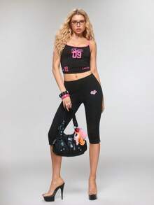 THE POWERPUFF GIRLS X SHEIN 女士字母印花休闲百搭日常打底裤 - 黑色 - 查看 2