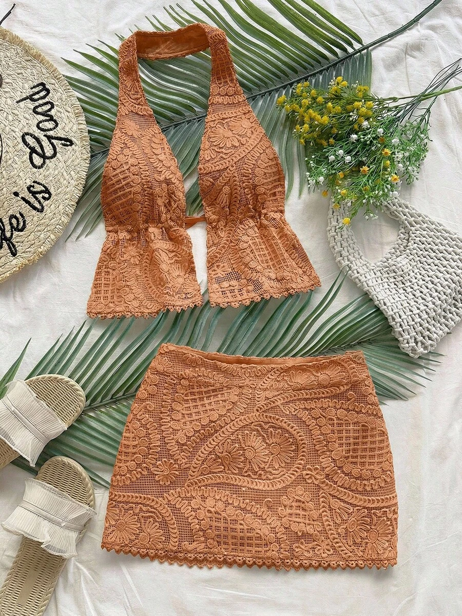 Soleia 春夏度假风纹理面料花卉饰边露背系带两件套,黄色,性感派对/约会装,适合夏季度假、音乐节、波西米亚风。 - 棕色 - 查看 1