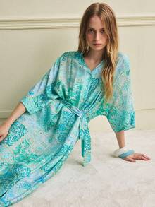 Écloséra Women's Lake Blue V-Neck Pelesse Print Midi Dress – Waist-Cinching Summer Style | Elegant Spring-Summer Outfit For Office, Beach & Holiday Wear‌ - Green - View 6