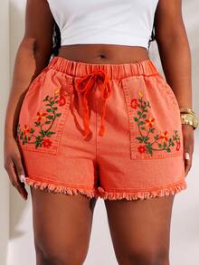 SHEIN SXY 大码女式花卉刺绣抽绳腰带毛边休闲短裤 - 橘色 - 查看 7
