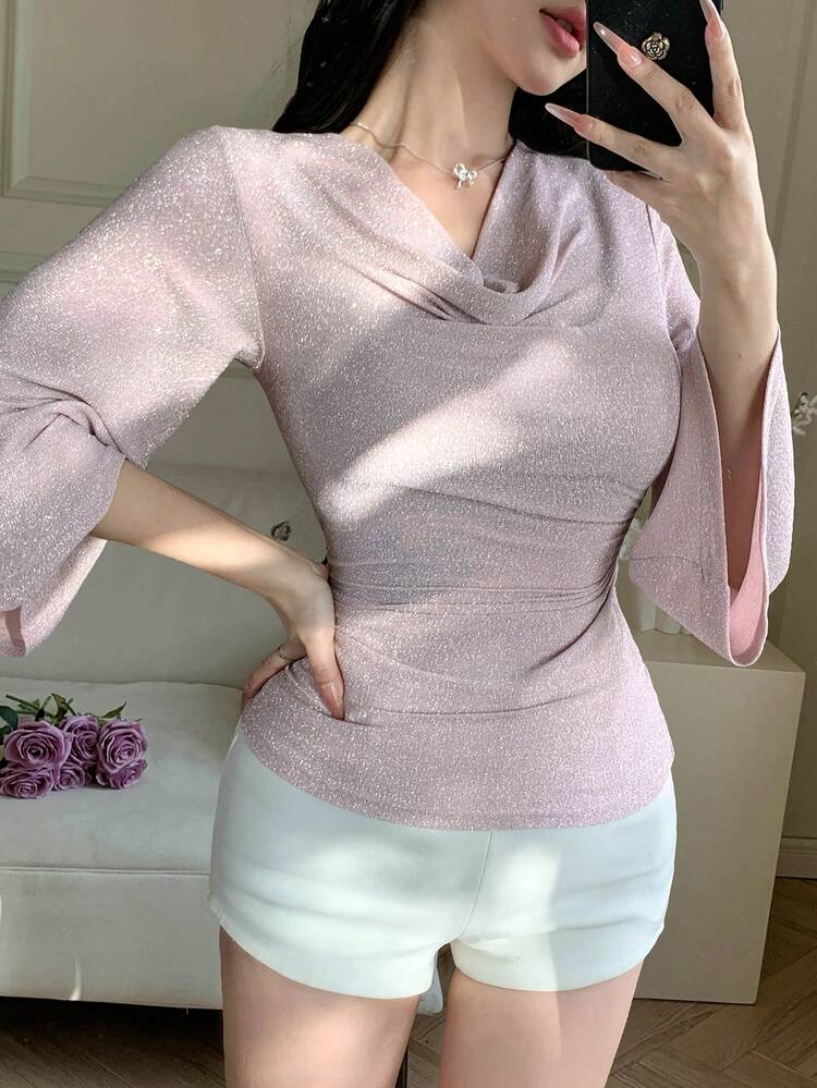 Women's Off-Shoulder Ruched Versatile Date/Outing Flare Sleeve T-Shirt Summer