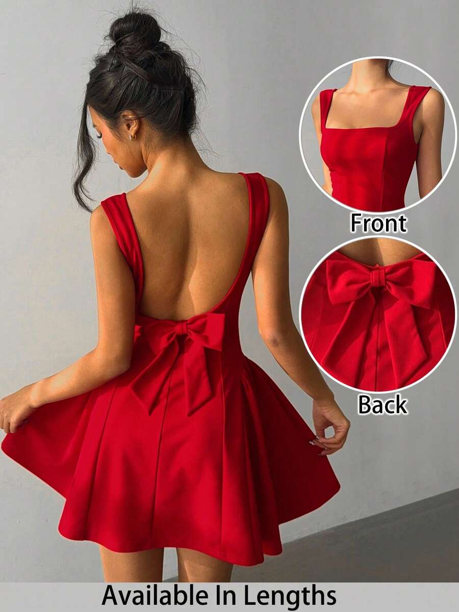 SHEIN Tall CURVE Đầm không tay cổ vuông, thắt eo, màu trơn dành cho nữ cỡ lớn, thanh lịch. - Đỏ - Xem 1
