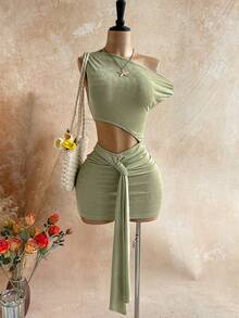 Soleia Spring/Summer New Casual Vacation Western Beach Wedding Guest Attire Graduation Brunch St. Patrick's Day Spring Break Easter Music Festival Elegant Bohemian Tropical Chic Waist Cutout Date Party Ruffle Asymmetric Neck Metal Decor Women Mini Dress Vintage Outfit For Women - Green - View 4