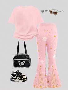 SHEIN Bộ đồ công chúa màu hồng nhạt dịu dàng, xoay tròn đón mùa xuân, công chúa hoạt hình dễ thương, họa tiết bông tuyết lấp lánh rực rỡ, áo thun tay ngắn cổ tròn mềm mại thoải mái và quần ống loe cho bé gái, thích hợp mặc hàng ngày vào mùa xuân/hè, ở nhà, đi nghỉ mát, lễ hội, mang đến không khí mùa xuân, không khí mùa hè, trang phục mùa xuân & hè, thoải mái dễ chịu, bộ đồ bé gái sành điệu, trang phục thường ngày, bộ áo thun hình công chúa hoạt hình ngọt ngào cho trẻ em, bộ đồ mùa xuân & hè, phong cách mới, thư giãn, không khí mùa xuân, mùa hè thư thái - Nhiều màu - Xem 2