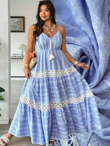 Vionelle 大码蓝色花卉蕾丝边休闲度假连衣裙，春夏款 - 藍色 - 查看 8