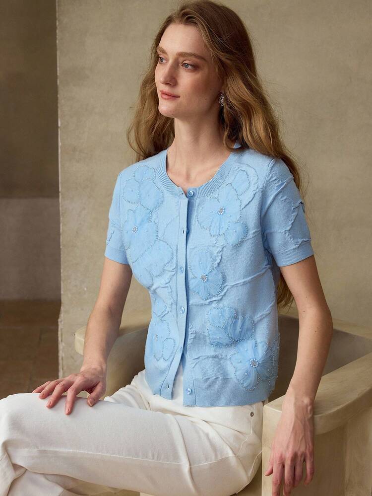 MESH PATCHWORK FLORAL PATTERN FAUX PEARL BEADED DECOR SHORT SLEEVE CARDIGAN
