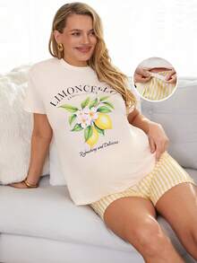 SHEIN 2pcs Maternity Casual Cute Lemon Print T-Shirt White Shorts Set Summer 2 Pieces Woman Matching Lounge Clothes Two Suits Photoshoot - Multicolor - View 8