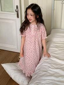 DAZY 少女樱桃印花纽扣褶皱休闲睡裙 - 粉色 - 查看 1