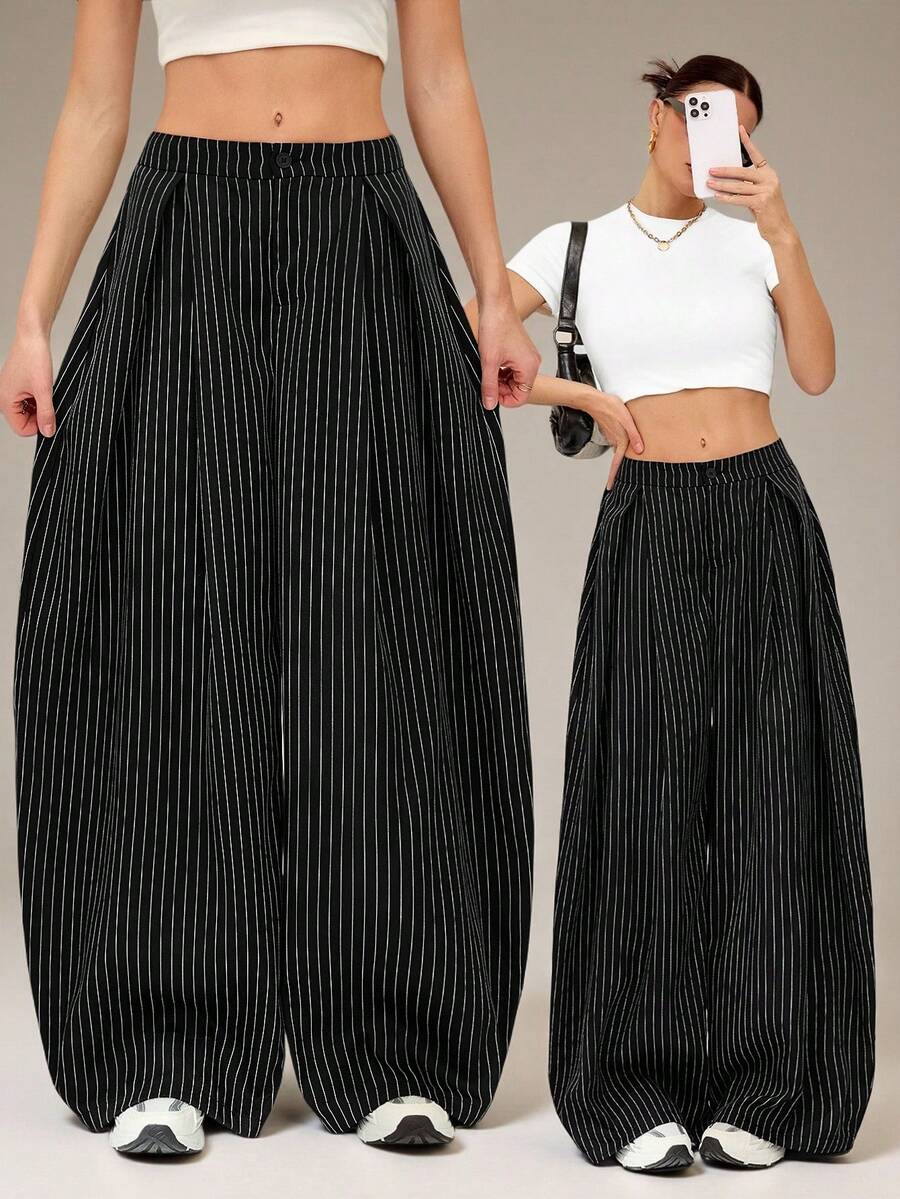 SHEIN Tall بنطلون نسائي صيفي فينتاج كاجوال هيبي شارع كبير الحجم أخضر عسكري - الأسود - View 1