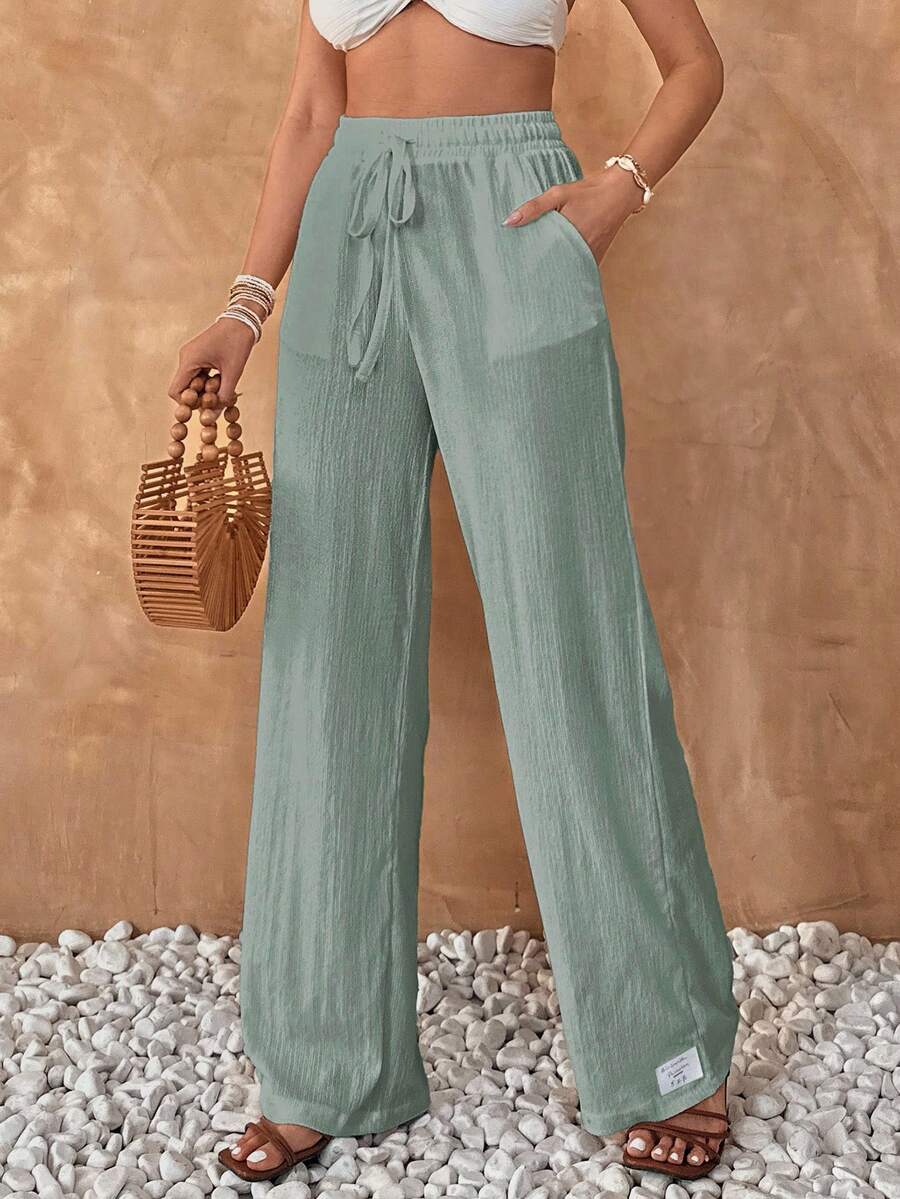 SHEIN Cottnline 女士夏季純色米色高腰束腰麻質寬腿褲 - 綠色 - 查看 1
