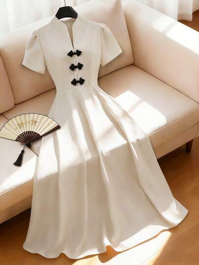 SHEIN Franclia Women's Elegant Commuter Puff Sleeve Dress With Button Detail, Summer