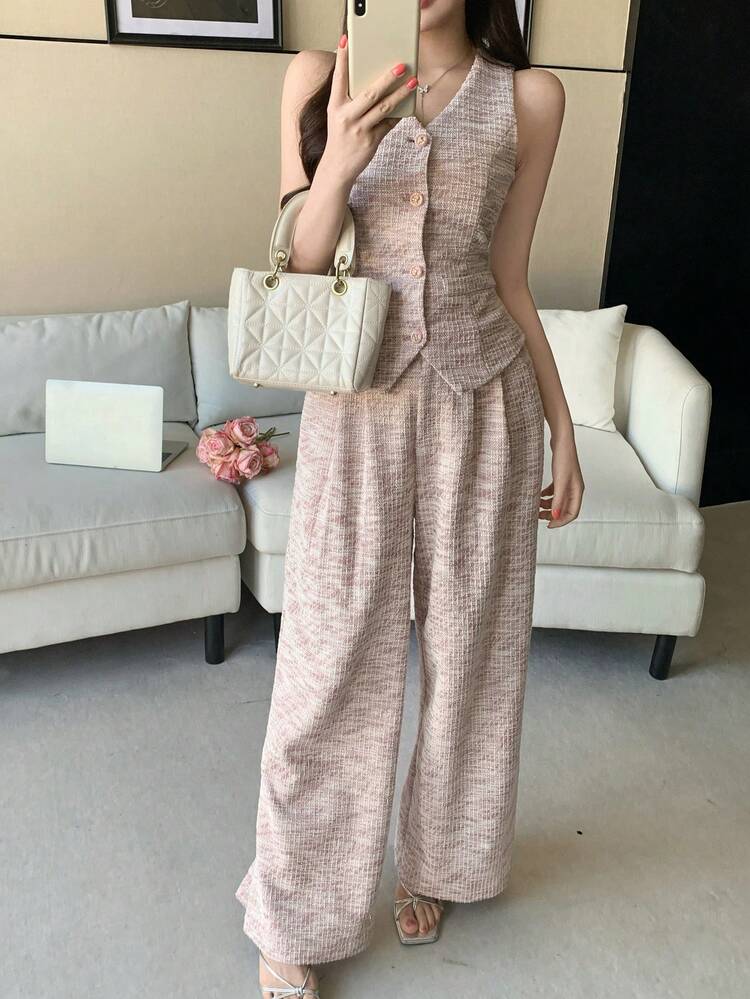 Women's Elegant Textured Faux Pocket V-Neck Vest And Wide Leg Pants 2-Piece Set, Spring/Summer