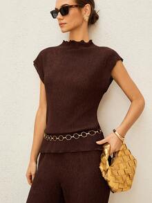 Lymera 女士休闲纹理竖条纹无领插肩袖上衣和阔腿裤套装，春夏款 - 咖啡棕 - 查看 6