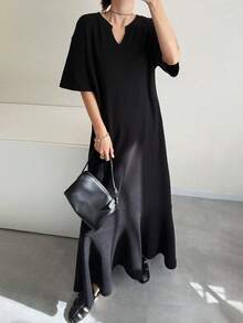 FRIFUL Women's Solid Black V-Neck Short Sleeve Loose Casual Dress - Black - View 5