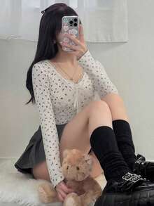 FRIFUL Camiseta de manga larga con estampado floral diminuto y encaje de contraste con nudo delantero para mujer - Blanco - Ver 6