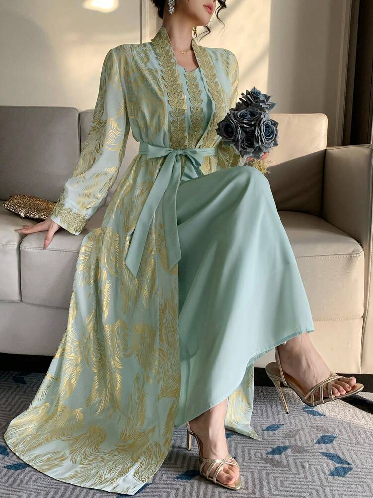 2pcs/Set Women's Bohemian Style Dress And Long Cover Up, Elegant Vacation Outfit