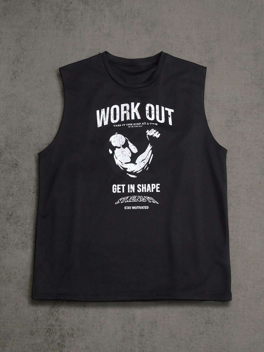 Manfinity ZONE917 男式标语印花宽肩运动背心 - 黑色 - 查看 1