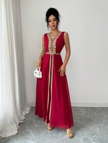 Rafferiza 女士休闲优雅无袖金色饰边长款连衣裙 | 浓郁红色波西米亚风婚礼宾客晚宴礼服，适合休闲度假、浪漫约会、上学日、海滩度假等场合 - 紅色 - 查看 3