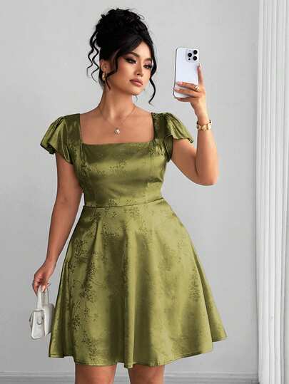 Elenzga Plus Size Women's Square Neck Ruffle Sleeve, Jacquard Glossy Fabric Belted Bow Tie Midi Dress, Suitable For Spring/Summer, Back To School, Vacation, Graduation, Holidays, Valentine's Day, Christmas, Music Festivals, Mother's Day, Halloween, Thanksgiving, Easter, National Day, Galas, Dates, Parties, Weddings, Outdoor Activities