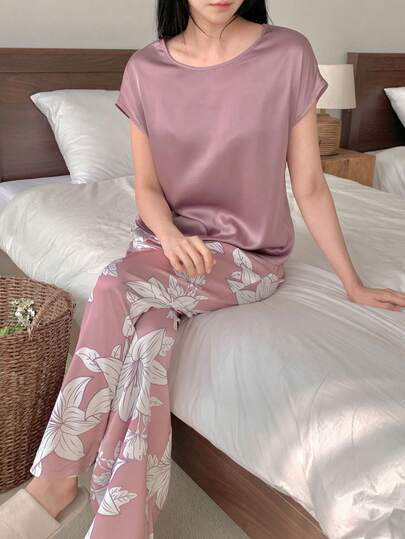 DAZY Satin Sleeveless Top & Floral Print Pajama Pants Set For Women, Summer
