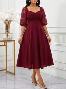 SHEIN Lady Women's Solid Color Pleated Elegant Waist Midi Dress For Party - Burgundy - View 5