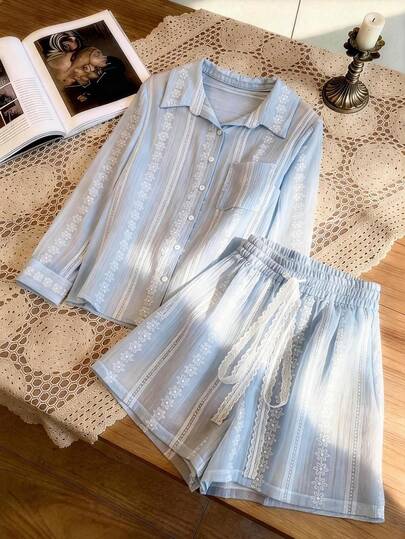 GlowEve CURVE Conjunto feminino plus size azul francês texturizado, casual, com proteção solar, ideal para o dia a dia. Novo modelo de duas peças para primavera/verão, perfeito para o Dia dos Namorados, Dia das Mães, Ação de Graças, Natal, Halloween e festivais de música.