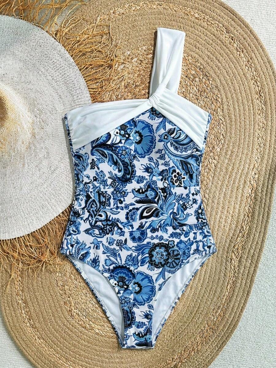 SHEIN 少女针织中国风图案印花撞色拼接连体泳衣,适合度假、海滩、夏威夷 - 淺藍色 - 查看 1