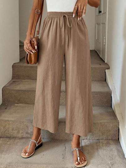 SHEIN LUNE Casual Linen Blend Cropped Pants, Khaki Color, Suitable For Back To School, Teacher Uniform