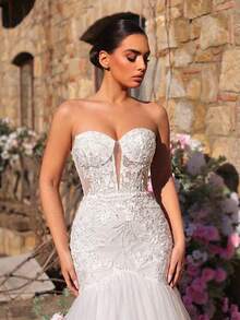 Glamrae 优雅奢华刺绣蕾丝贴花抹胸美人鱼式多层薄纱拖尾浪漫蕾丝贴花婚纱，适合婚礼、派对、蜜月、新娘礼服 - 白色 - 查看 4