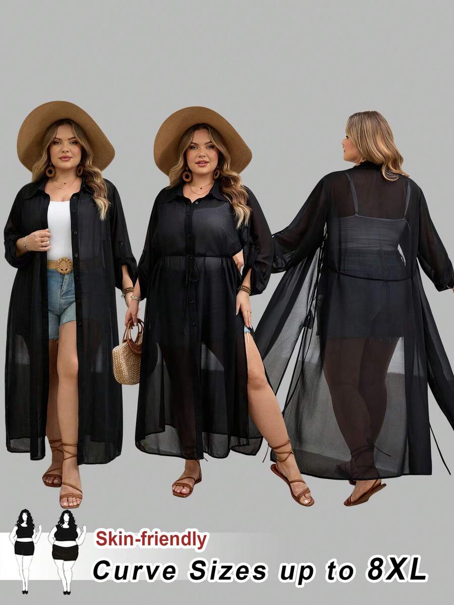 SHEIN CURVE+ Curve 尺码 US22 音乐节、海滨度假、波西米亚风女士黑色长款开衫,纽扣开衫,黑色长款开衫,沙滩度假 - 黑色 - 查看 1