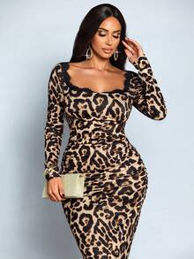 SOLERSUN 女士性感优雅撞色蕾丝豹纹方领修身中长裙，优雅通勤、休闲、约会、派对、性感浪漫，适合情人节、万圣节派对、春夏穿着。 - 棕色 - 查看 8