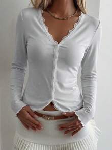 Livesso 女士蕾丝荷叶边修身开衫，白色，夏季 - 白色 - 查看 4