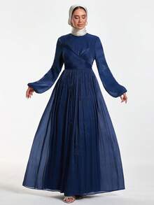 EURMUSE Elegant Navy Blue Middle Eastern Maxi Dress With Pleated Skirt And Wrap Front – Modest, Long Sleeve - Navy Blue - View 1