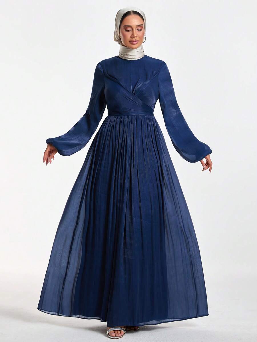 EURMUSE Elegant Navy Blue Middle Eastern Maxi Dress With Pleated Skirt And Wrap Front – Modest, Long Sleeve - Navy Blue - View 1