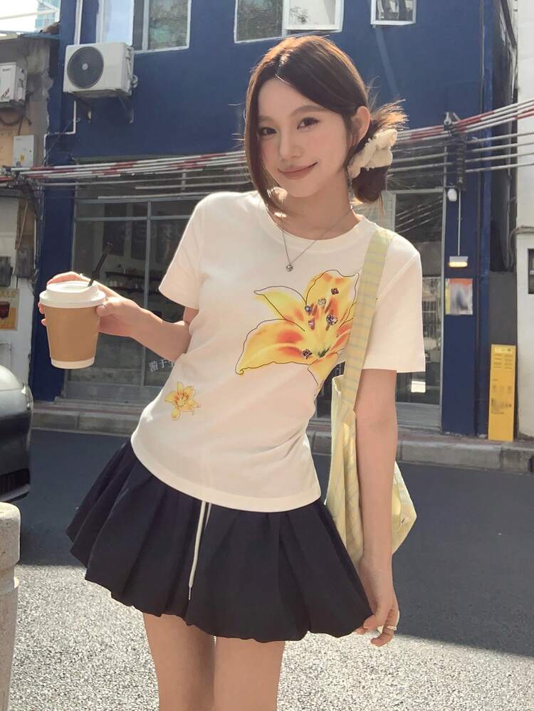 Women's Floral Print Round Neck Casual T-Shirt, Korean Style Summer