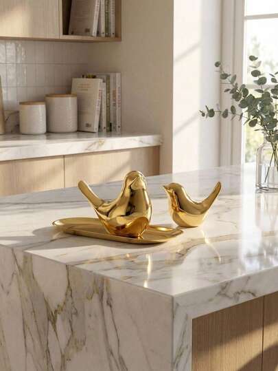 Cirelle 1PC Golden Ceramic Bird Ornament – Exquisite Desktop Decor For Shelf, Desk & Living Room, Vintage Style Home Decoration