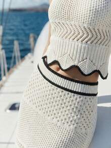 SHEIN Luminelle 女士镂空针织无袖上衣和迷你裙两件套，夏季 - 米色 - 查看 6